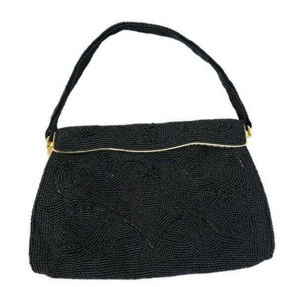 Vintage Handbags - Vintage Black Seed Bead Evening Bag ~ Retro ART DECO Style Gold Frame JAPAN